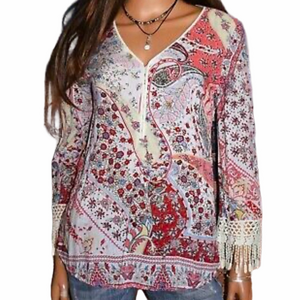 Sundance Terraza Paisley V-Neck Long Sleeve Crochet Fringe Blouse Boho Size M